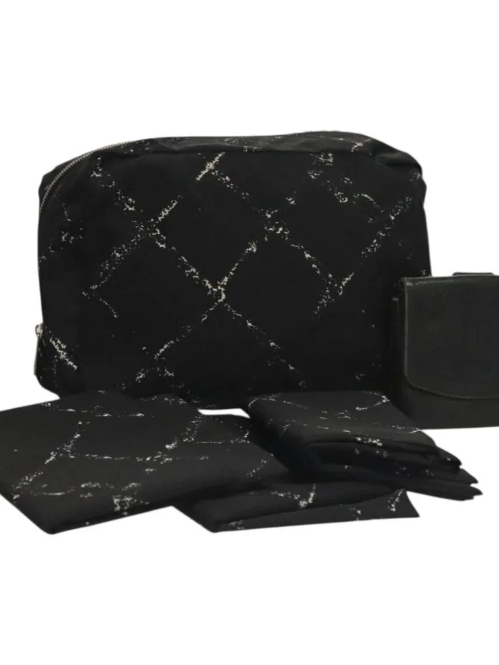 CHANEL Pouch Nylon Grained Calf Skin 2 Set Black Silver CC Auth bs28342